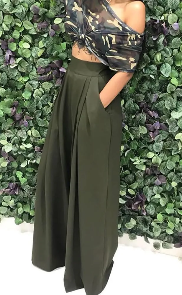 Chatinction Women's Casual Palazzo Pants High Waist Pleated Polka Dot Printed Wide Leg Pants with Pockets