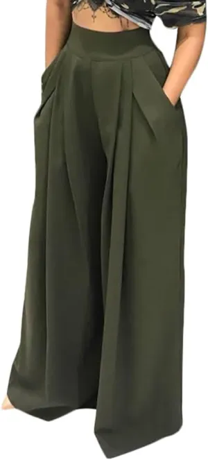 Chatinction Women's Casual Palazzo Pants High Waist Pleated Polka Dot Printed Wide Leg Pants with Pockets