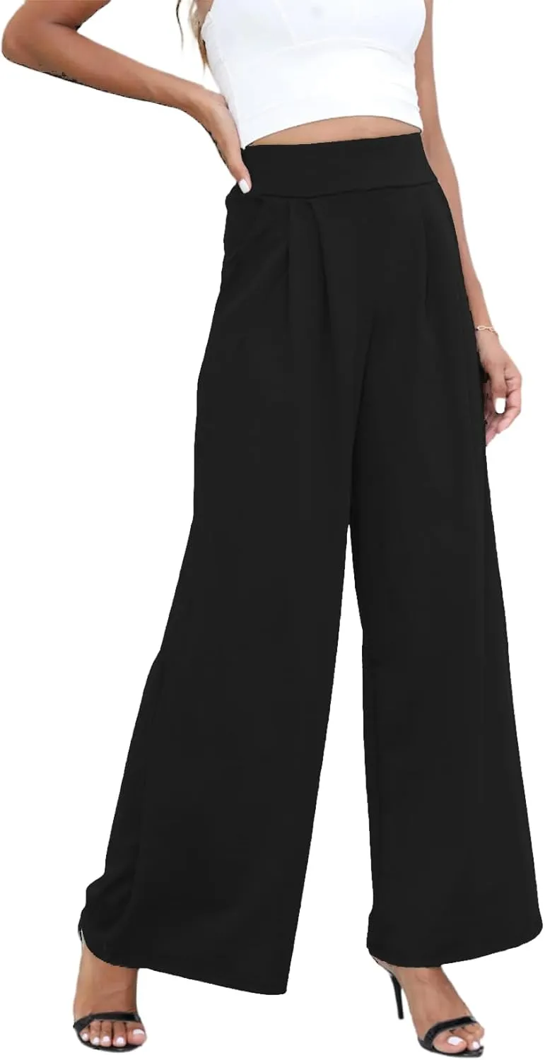 Chatinction Women's Casual Palazzo Pants High Waist Pleated Polka Dot Printed Wide Leg Pants with Pockets