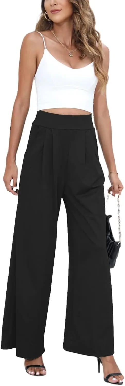 Chatinction Women's Casual Palazzo Pants High Waist Pleated Polka Dot Printed Wide Leg Pants with Pockets