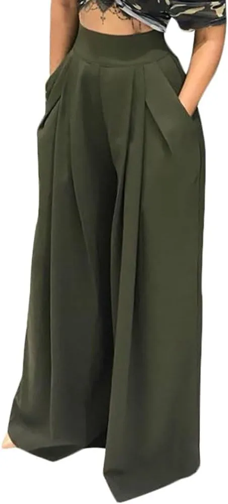 Chatinction Women's Casual Palazzo Pants High Waist Pleated Polka Dot Printed Wide Leg Pants with Pockets