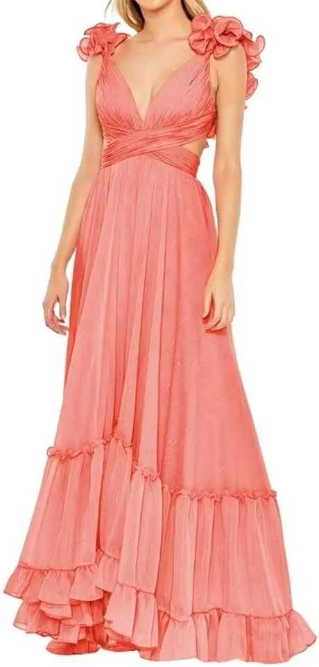 Chiffon Ruffle Prom Dresses V Neck Long Bridesmaid Dresses for Women Backless A Line Formal Evening Gowns