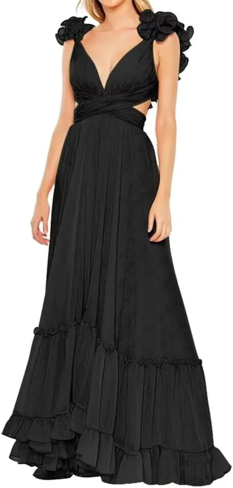 Chiffon Ruffle Prom Dresses V Neck Long Bridesmaid Dresses for Women Backless A Line Formal Evening Gowns