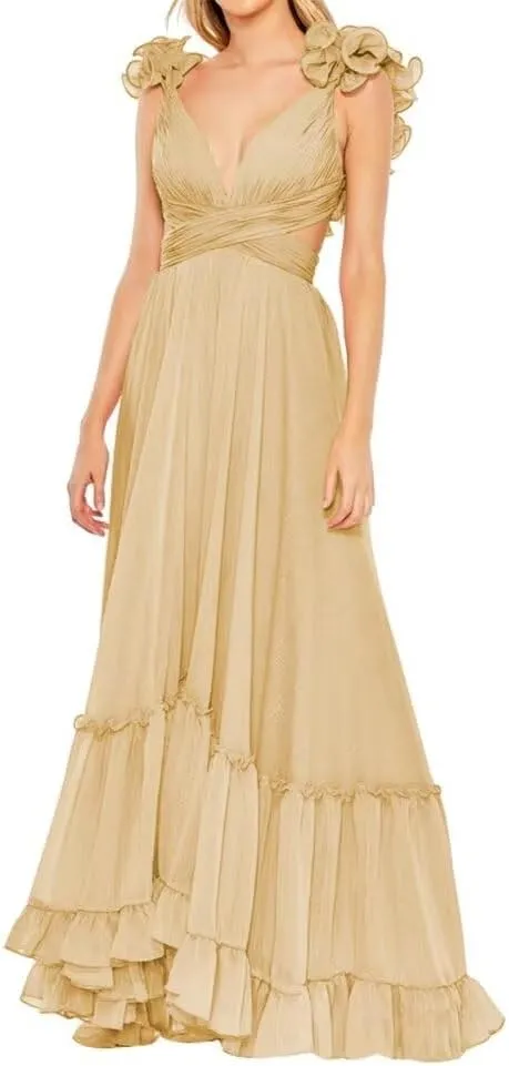 Chiffon Ruffle Prom Dresses V Neck Long Bridesmaid Dresses for Women Backless A Line Formal Evening Gowns