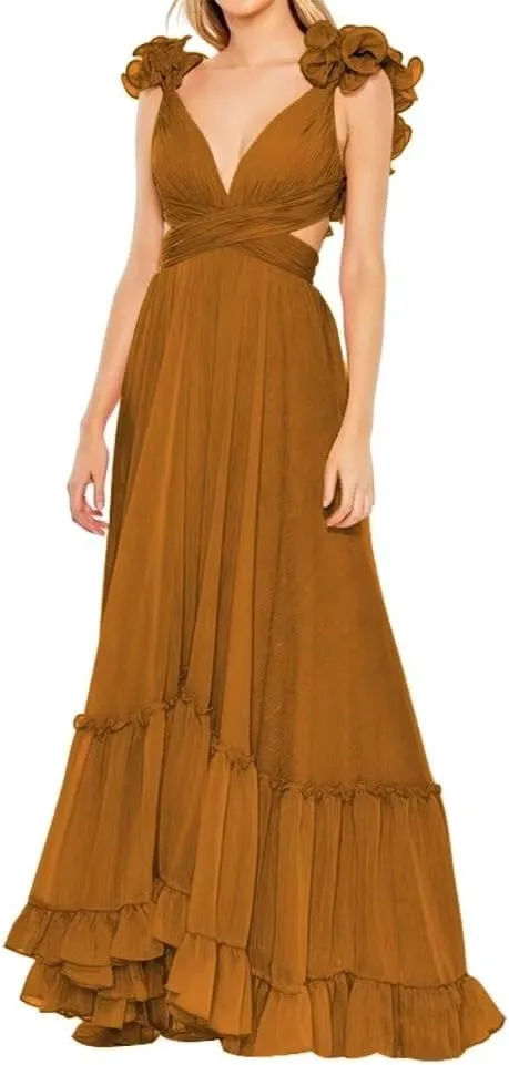 Chiffon Ruffle Prom Dresses V Neck Long Bridesmaid Dresses for Women Backless A Line Formal Evening Gowns