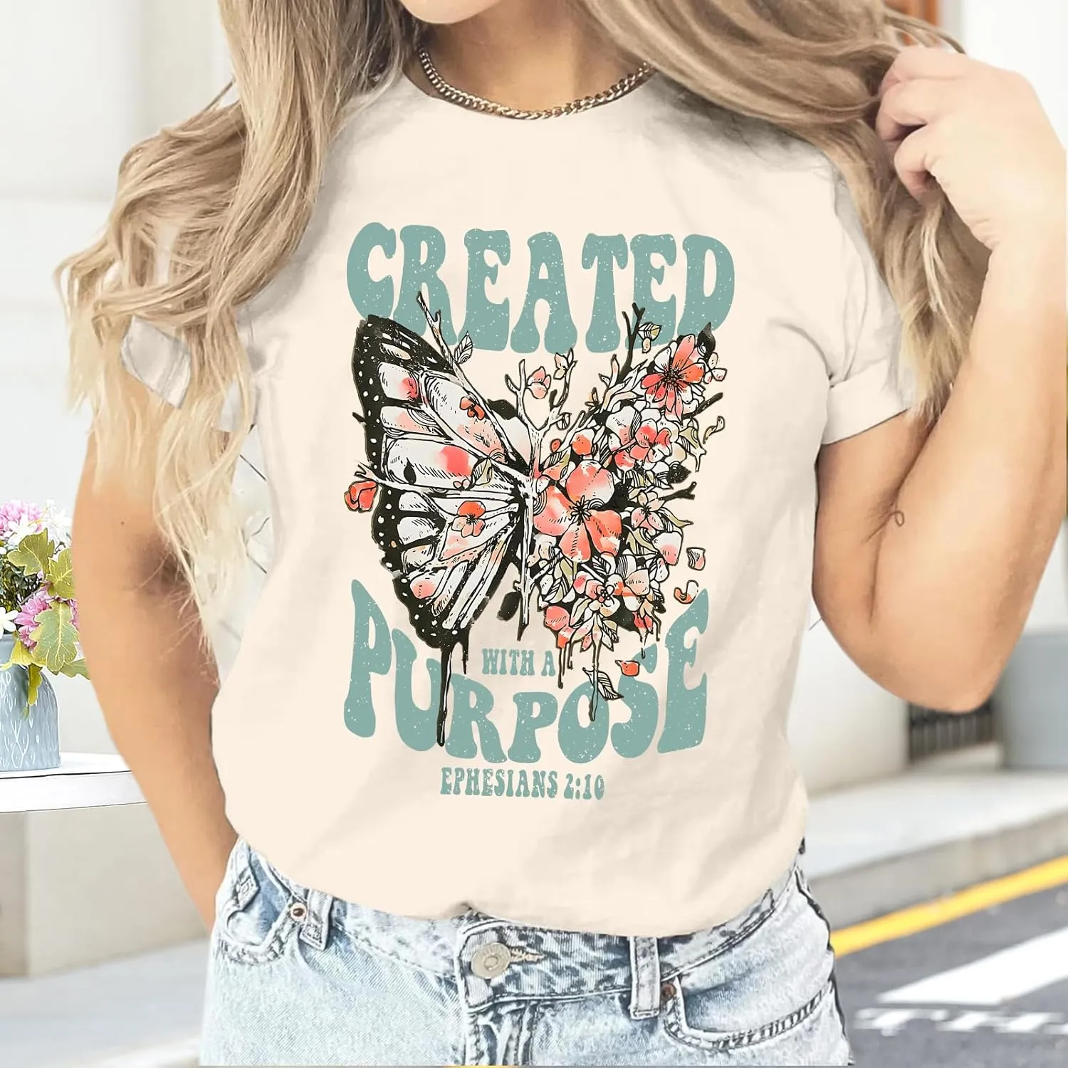 Christian Shirts for Women Jesus Tshirt Faith Religious Bible Verse T Shirt Oversized Boho Butterfly Graphic Tees Top