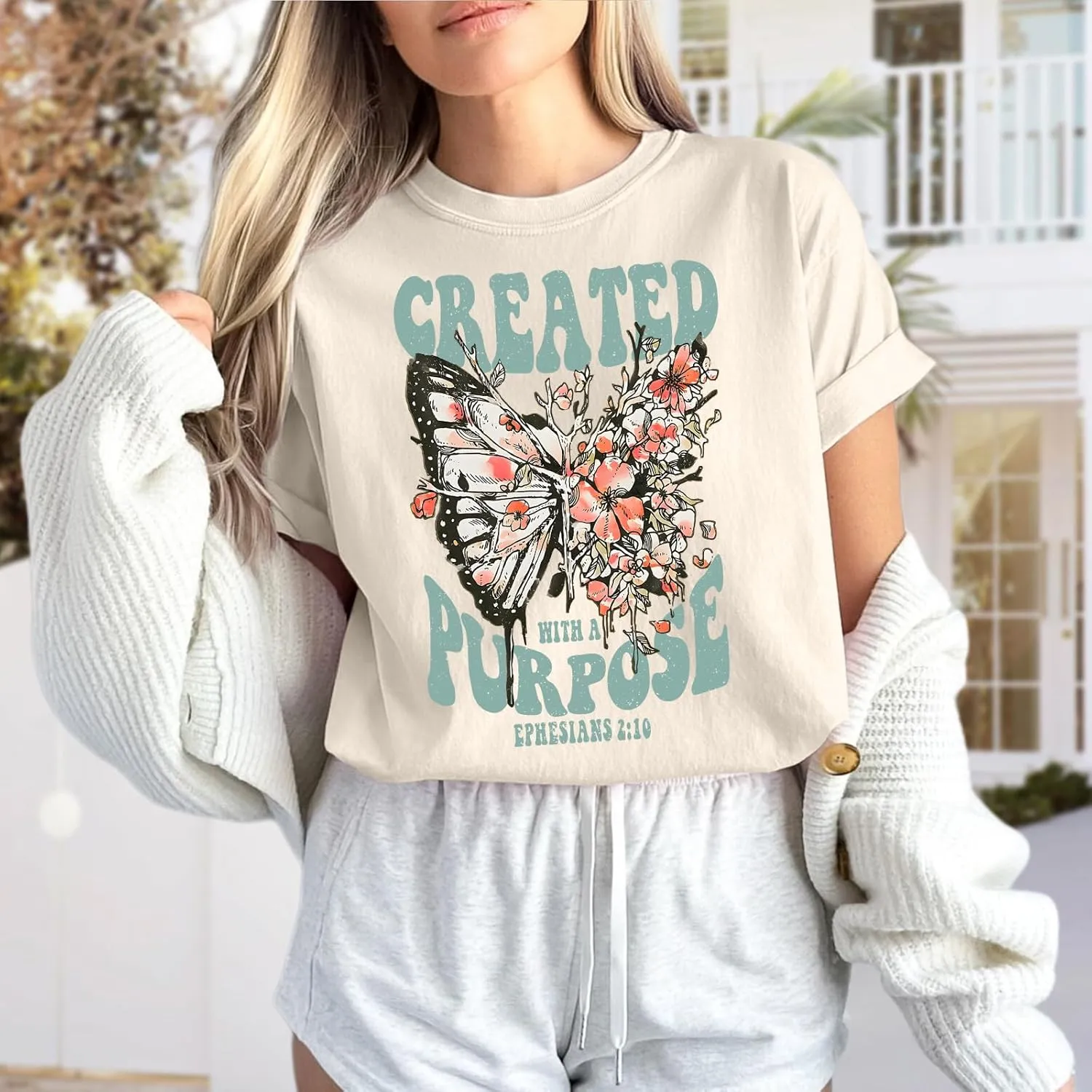 Christian Shirts for Women Jesus Tshirt Faith Religious Bible Verse T Shirt Oversized Boho Butterfly Graphic Tees Top