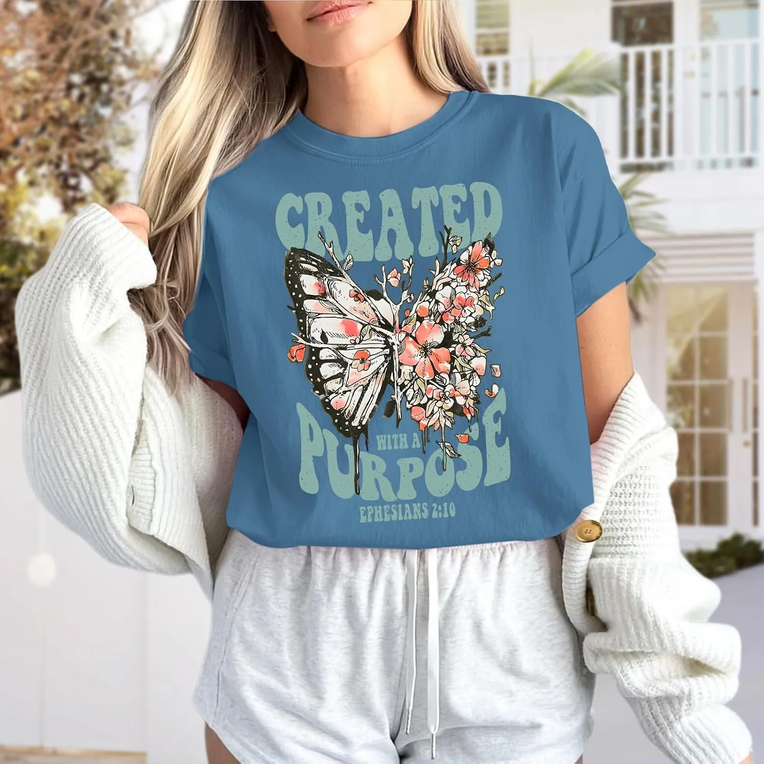 Christian Shirts for Women Jesus Tshirt Faith Religious Bible Verse T Shirt Oversized Boho Butterfly Graphic Tees Top