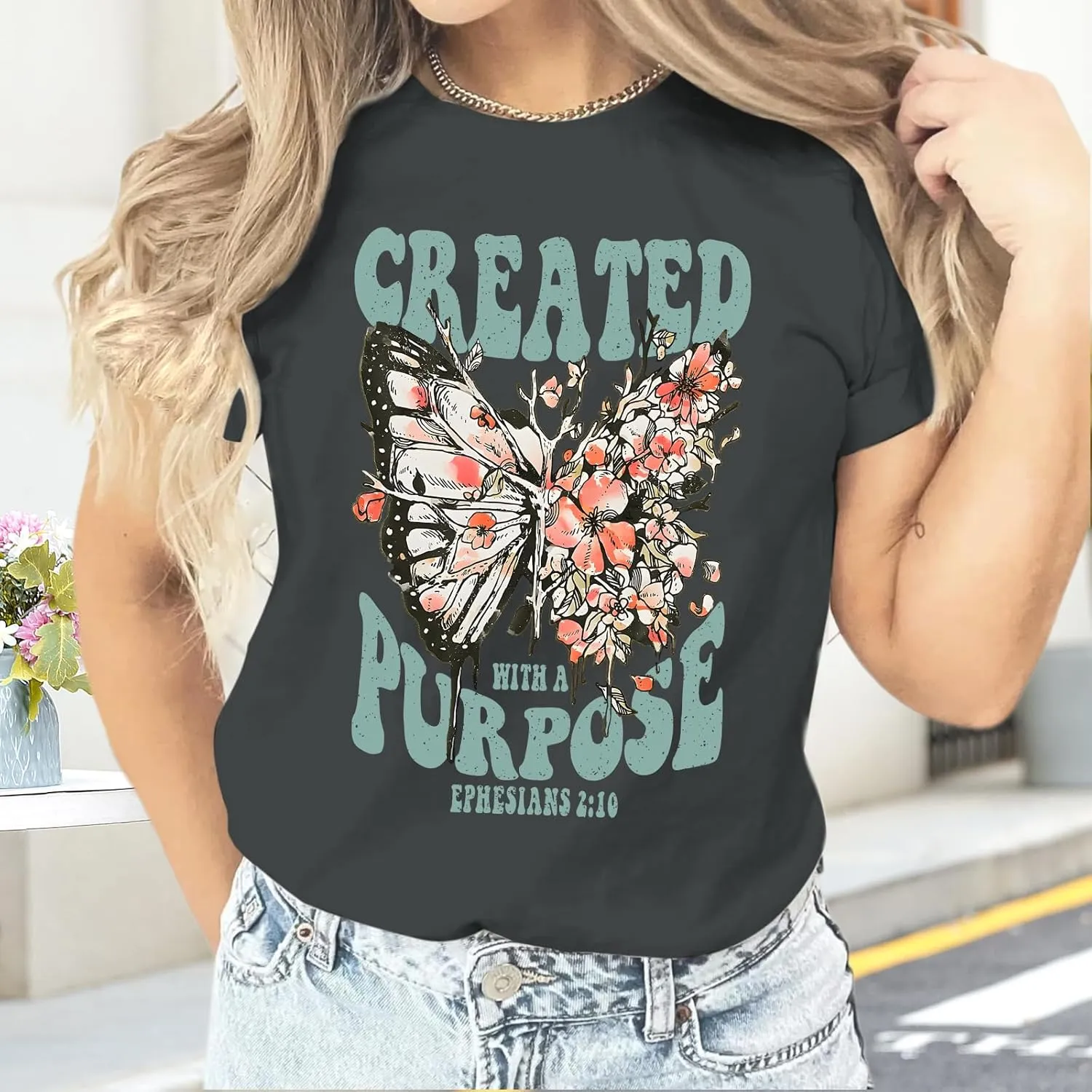 Christian Shirts for Women Jesus Tshirt Faith Religious Bible Verse T Shirt Oversized Boho Butterfly Graphic Tees Top