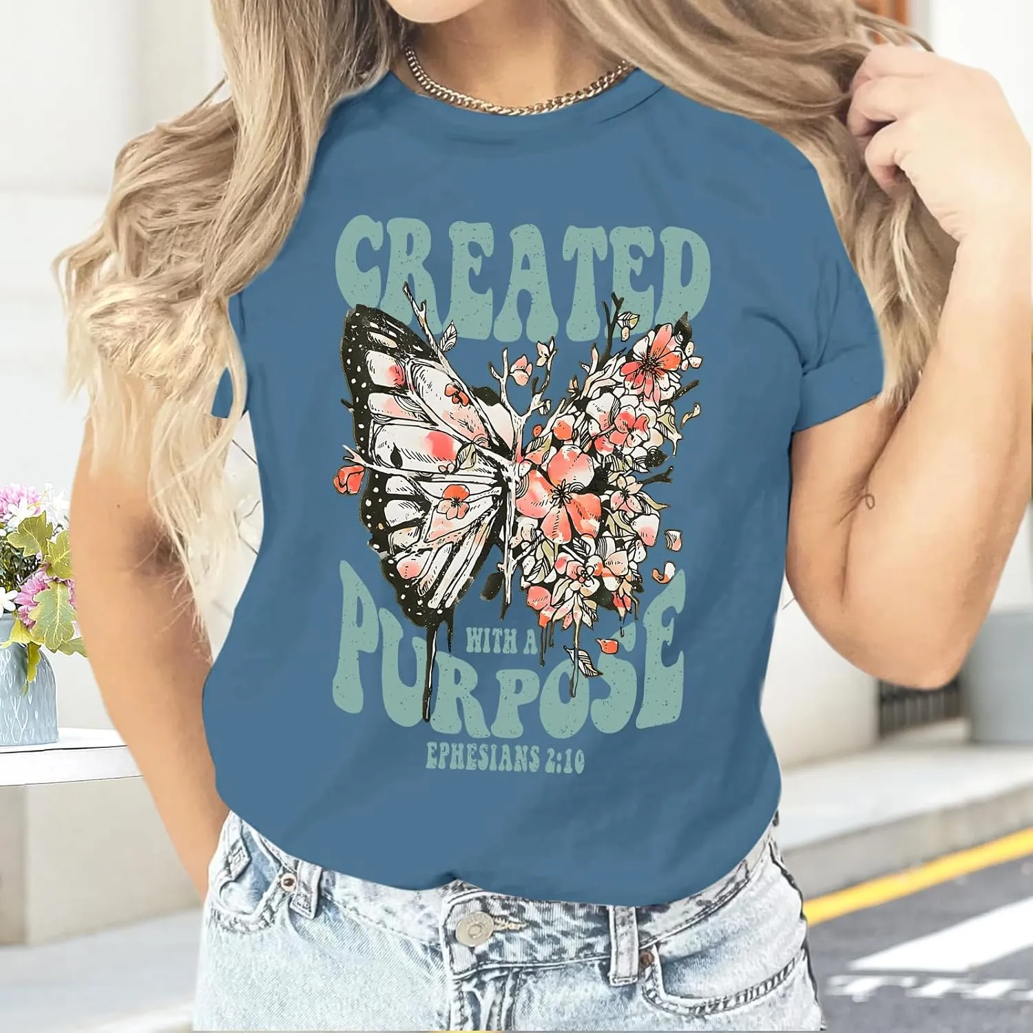 Christian Shirts for Women Jesus Tshirt Faith Religious Bible Verse T Shirt Oversized Boho Butterfly Graphic Tees Top