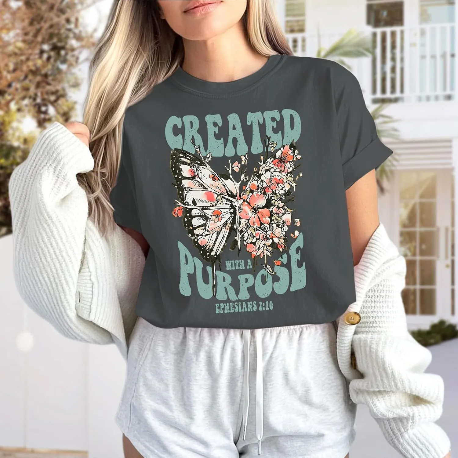 Christian Shirts for Women Jesus Tshirt Faith Religious Bible Verse T Shirt Oversized Boho Butterfly Graphic Tees Top