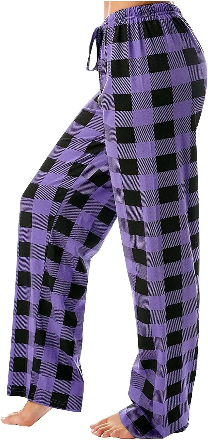 Christmas Pants for Women Buffalo Plaid Soft Touch Sleep Trousers Elastic Waistband Straight Leg Joggers Sweatpants
