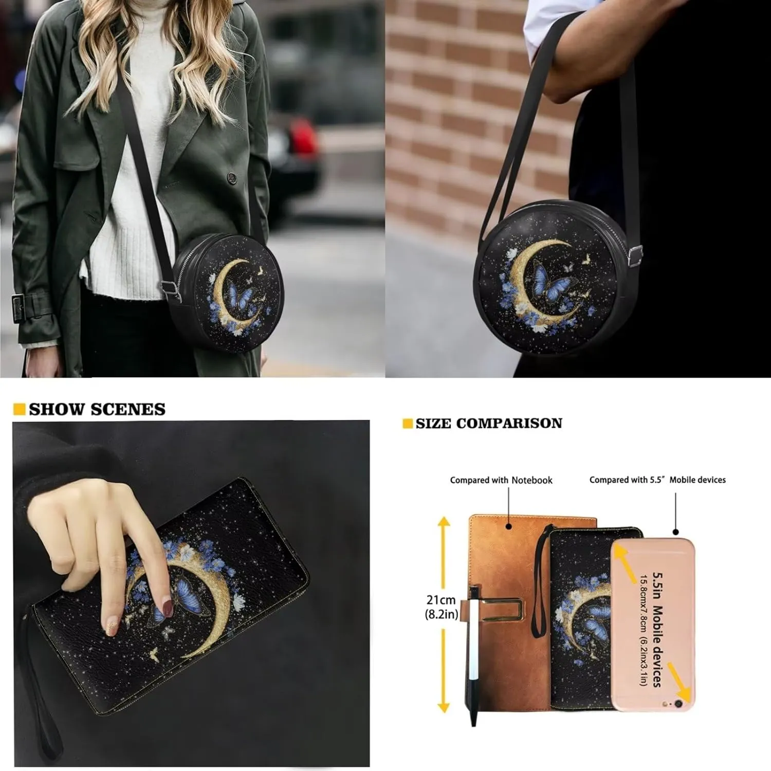 Circle Purse Set for Women Girls, PU Round Crossbody Bag with PU Wallet for Party Work