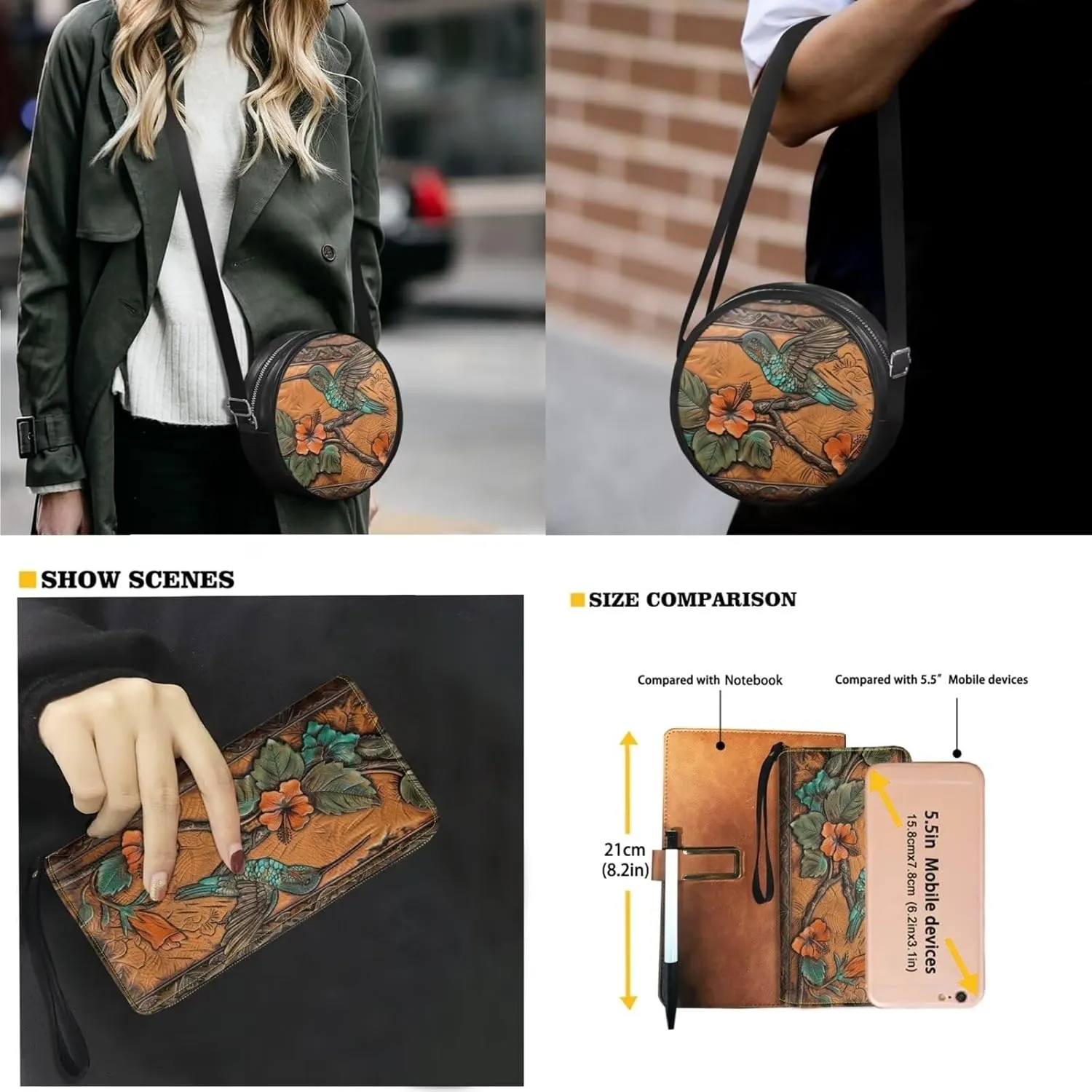 Circle Purse Set for Women Girls, PU Round Crossbody Bag with PU Wallet for Party Work