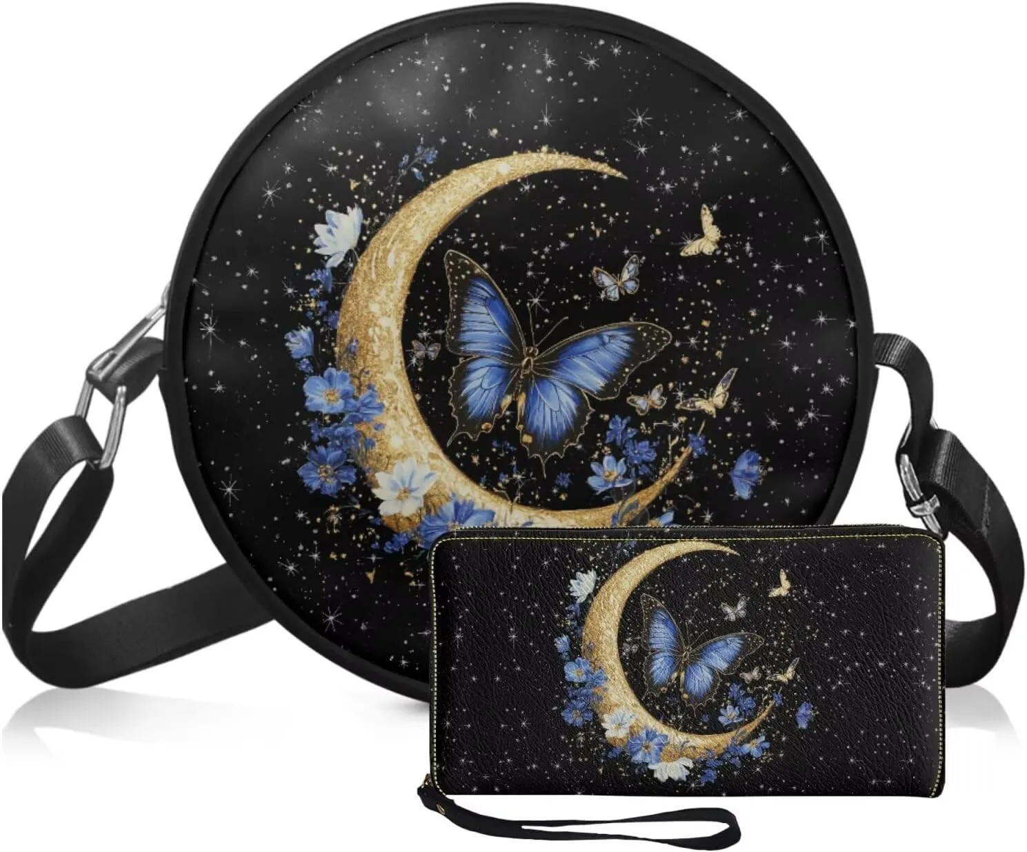 Circle Purse Set for Women Girls, PU Round Crossbody Bag with PU Wallet for Party Work