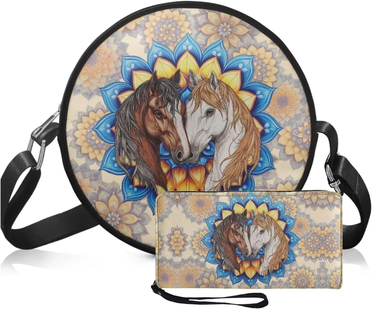 Circle Purse Set for Women Girls, PU Round Crossbody Bag with PU Wallet for Party Work