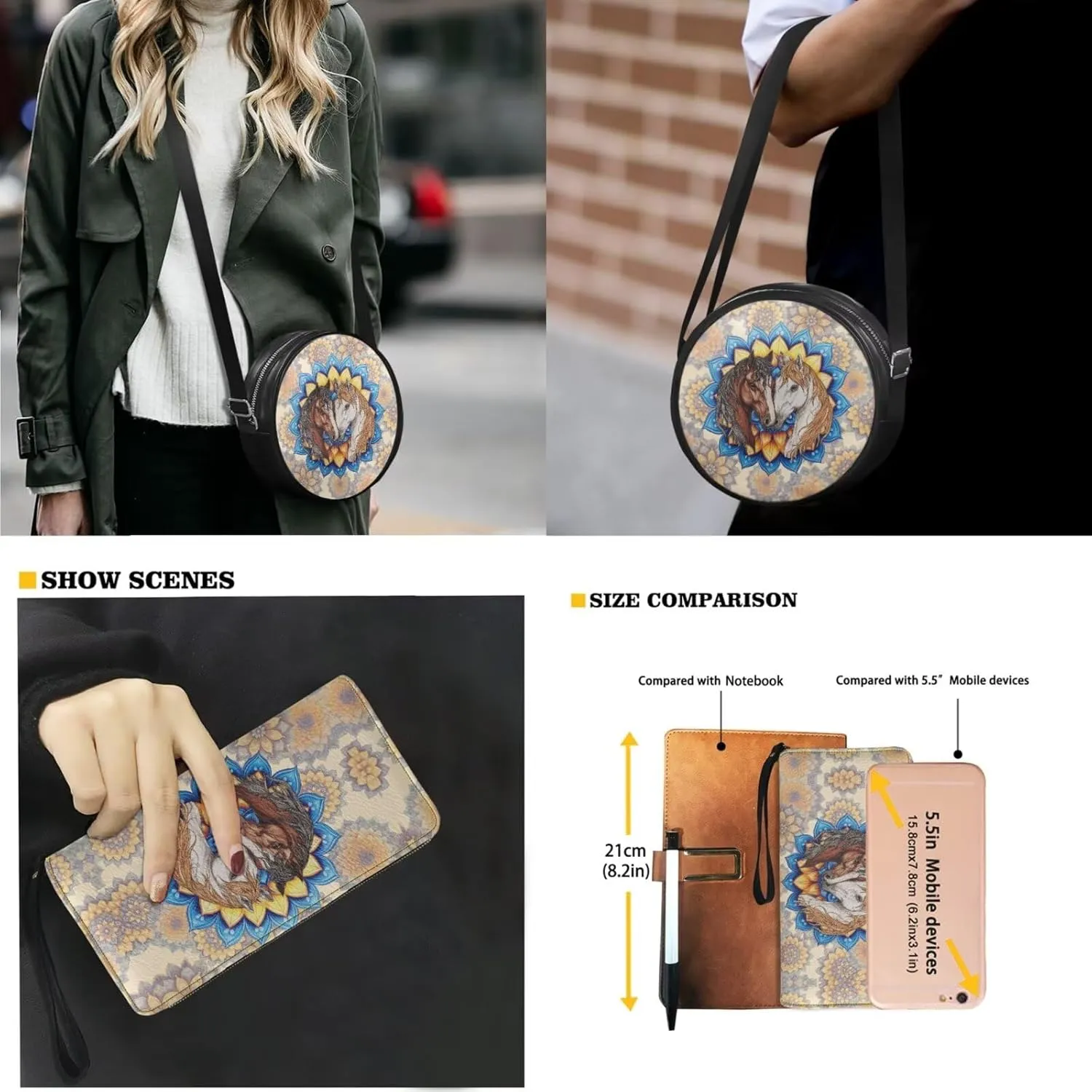Circle Purse Set for Women Girls, PU Round Crossbody Bag with PU Wallet for Party Work