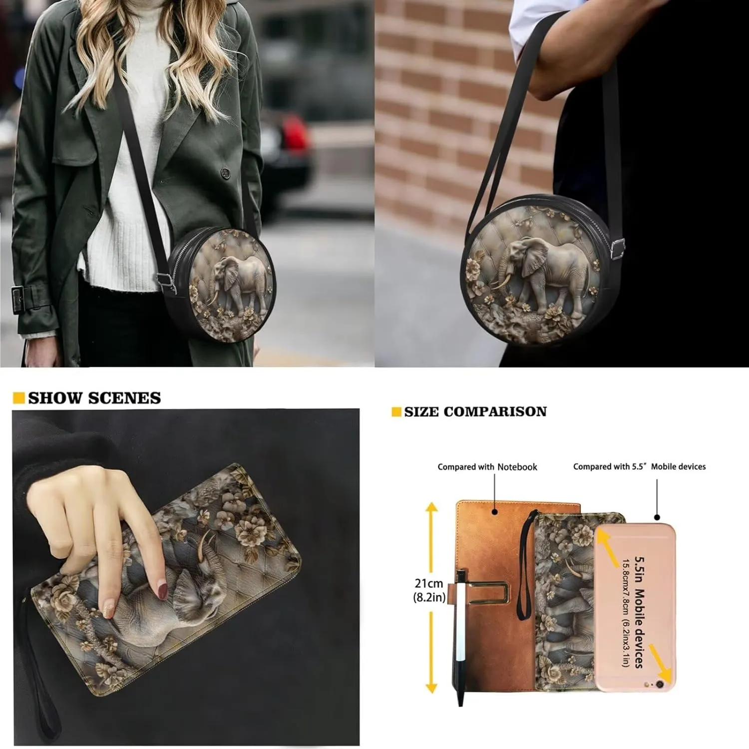 Circle Purse Set for Women Girls, PU Round Crossbody Bag with PU Wallet for Party Work