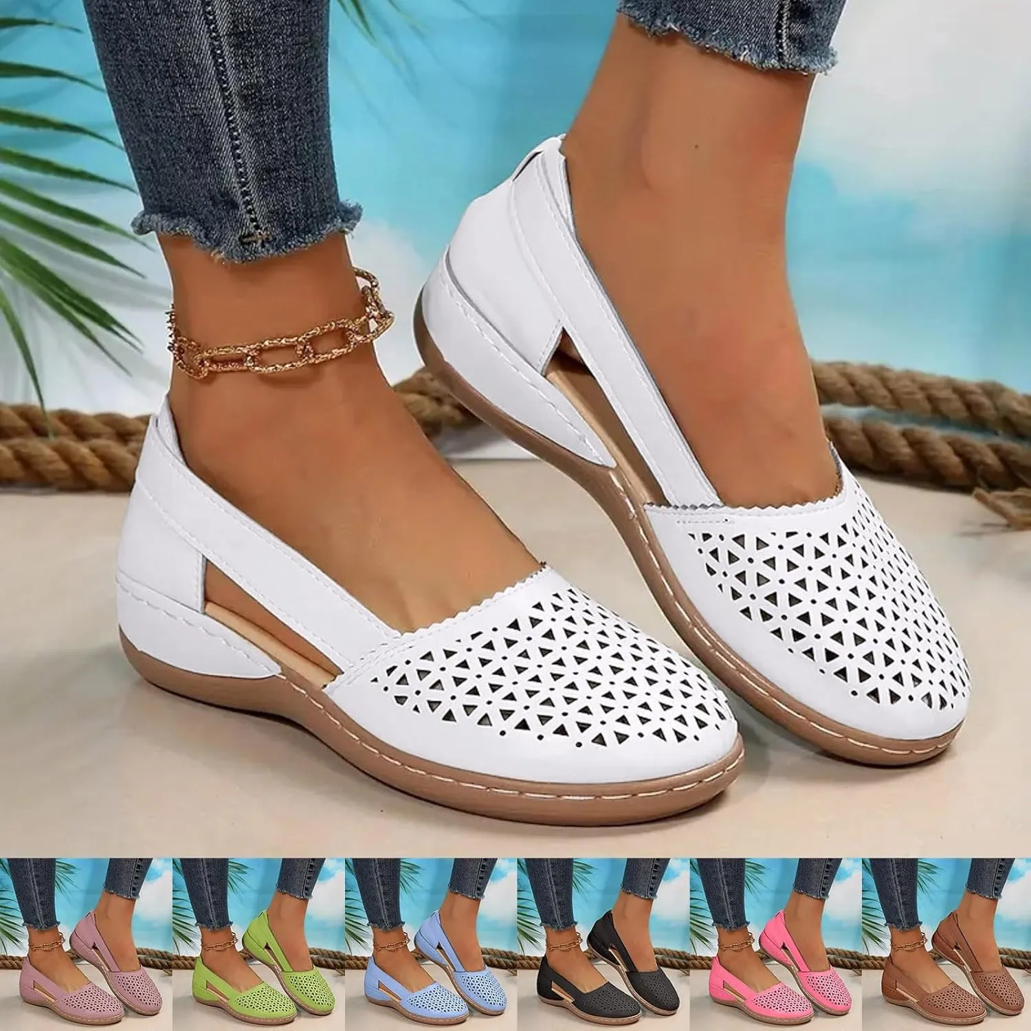Closed Toe Sandals for Women 2025, Women Dressy Comfortable Flat Sandals with Arch Support Slip On Walking Sandal Breathable Hollow Out Sandal Beach Boho Summer Shoes