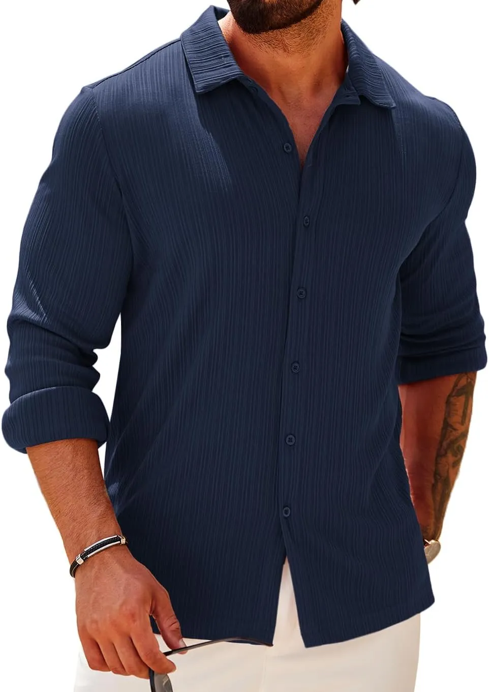 COOFANDY Athletic Fit Dress Shirts for Men Ribbed Knit Textured Button Down Shirts