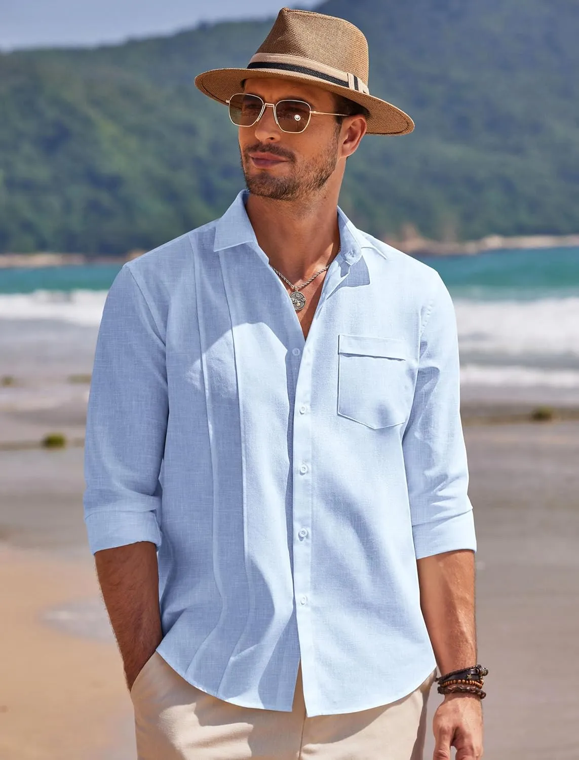 COOFANDY Men Linen Cuban Guayabera Shirts - Long Sleeve Dress & Beach Wedding Shirts