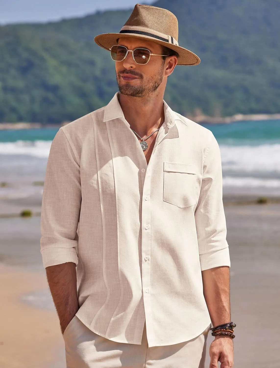 COOFANDY Men Linen Cuban Guayabera Shirts - Long Sleeve Dress & Beach Wedding Shirts
