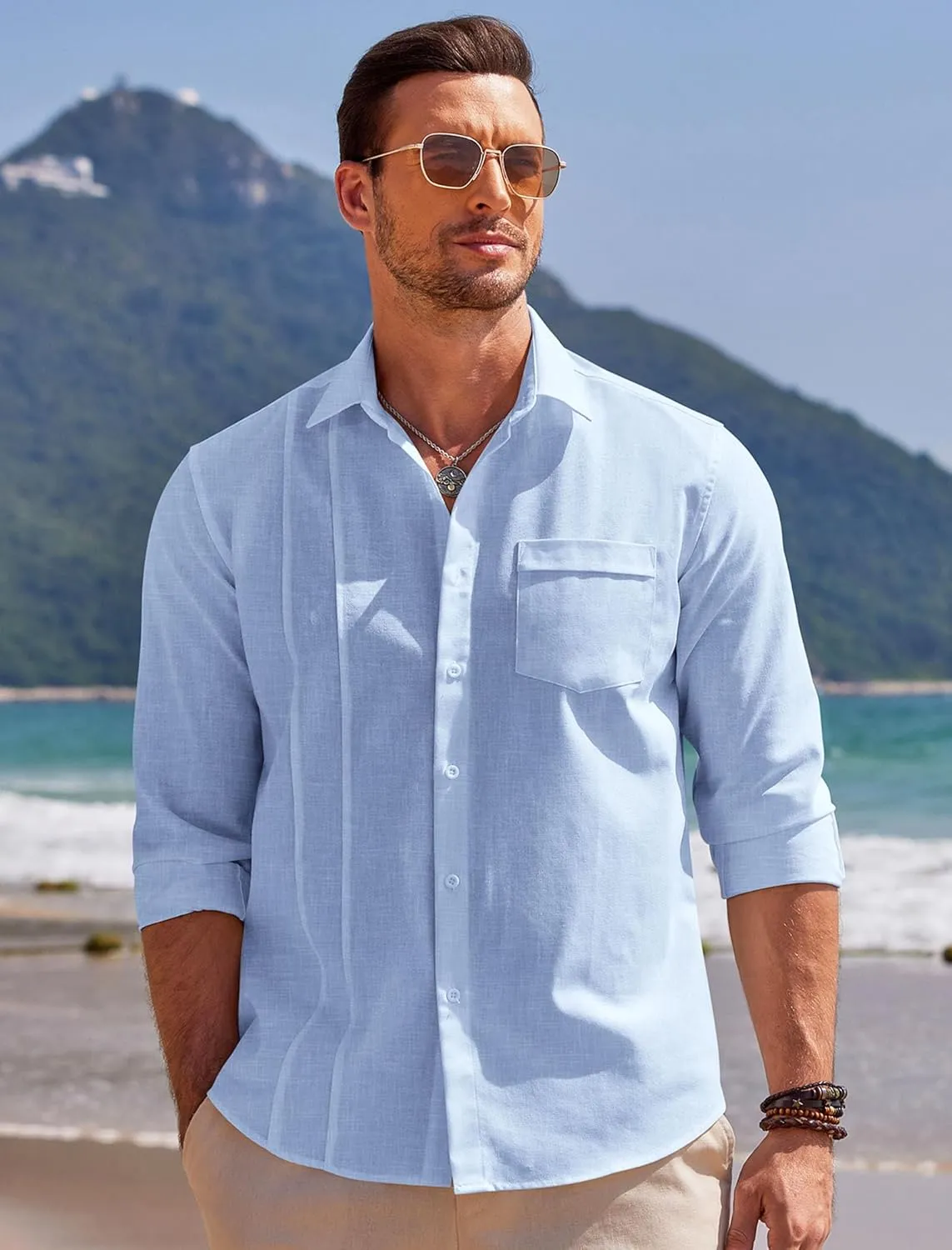 COOFANDY Men Linen Cuban Guayabera Shirts - Long Sleeve Dress & Beach Wedding Shirts