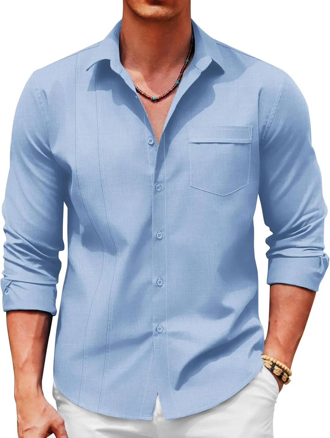 COOFANDY Men Linen Cuban Guayabera Shirts - Long Sleeve Dress & Beach Wedding Shirts
