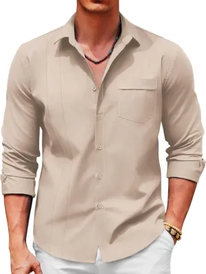 COOFANDY Men Linen Cuban Guayabera Shirts - Long Sleeve Dress & Beach Wedding Shirts