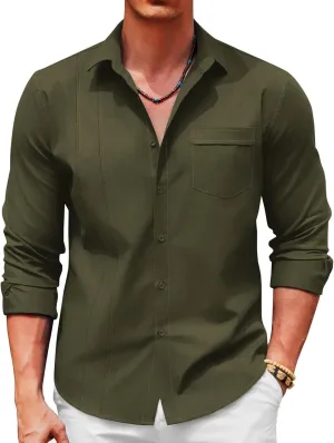 COOFANDY Men Linen Cuban Guayabera Shirts - Long Sleeve Dress & Beach Wedding Shirts