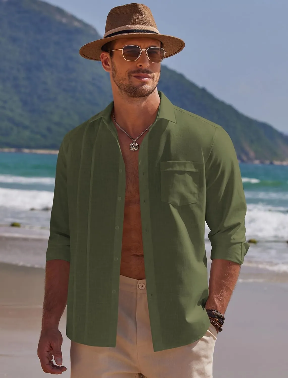 COOFANDY Men Linen Cuban Guayabera Shirts - Long Sleeve Dress & Beach Wedding Shirts