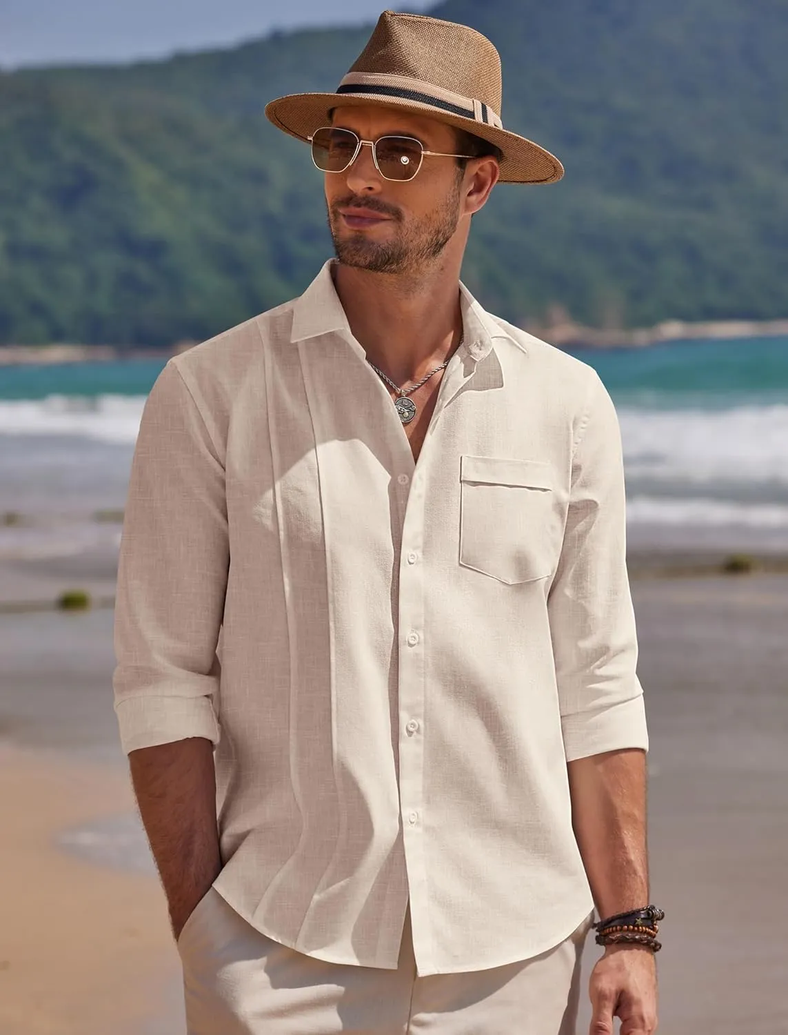 COOFANDY Men Linen Cuban Guayabera Shirts - Long Sleeve Dress & Beach Wedding Shirts