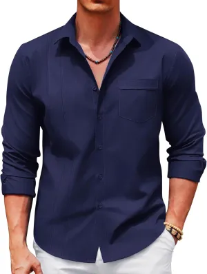 COOFANDY Men Linen Cuban Guayabera Shirts - Long Sleeve Dress & Beach Wedding Shirts