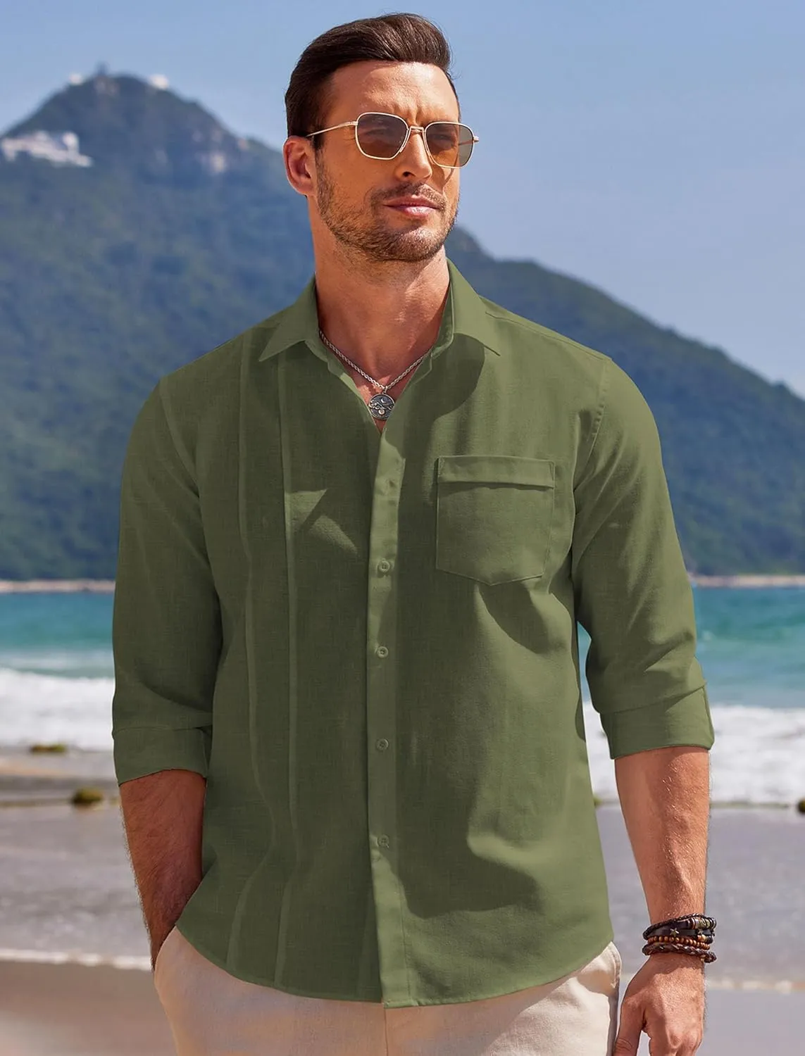 COOFANDY Men Linen Cuban Guayabera Shirts - Long Sleeve Dress & Beach Wedding Shirts