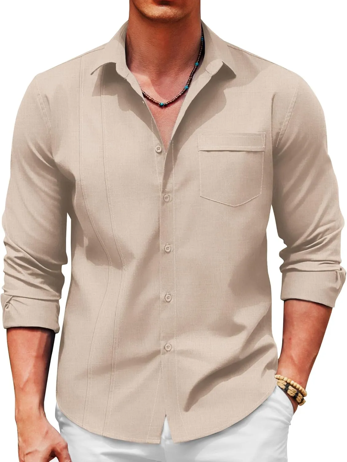 COOFANDY Men Linen Cuban Guayabera Shirts - Long Sleeve Dress & Beach Wedding Shirts