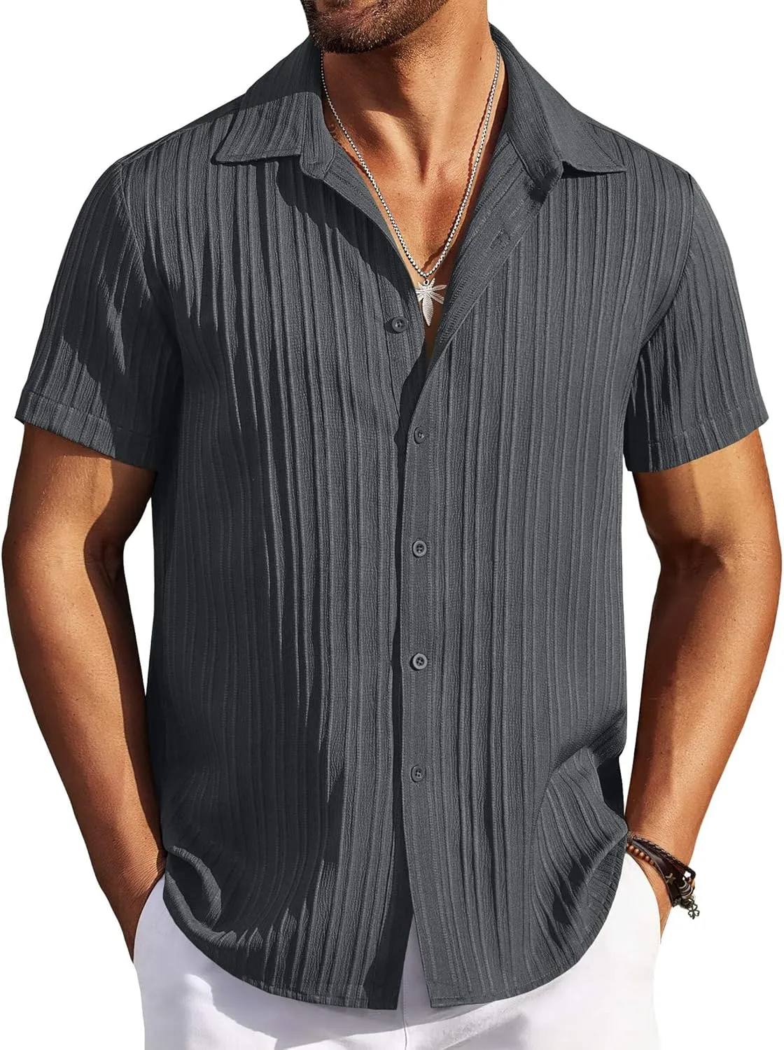 COOFANDY Men's Casual Button Down Shirts Short Sleeve Textured Summer Beach Shirts
