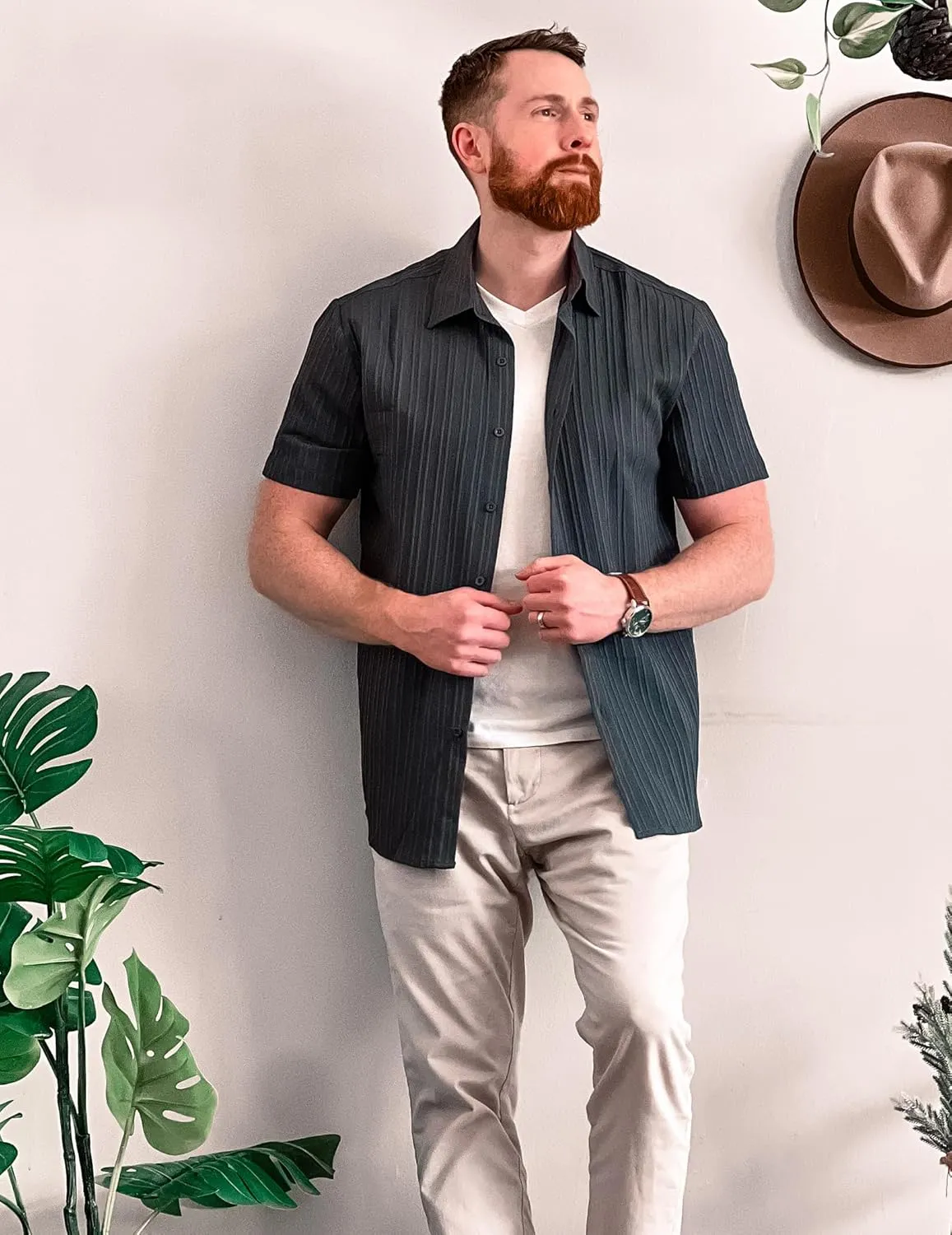 COOFANDY Men's Casual Button Down Shirts Short Sleeve Textured Summer Beach Shirts