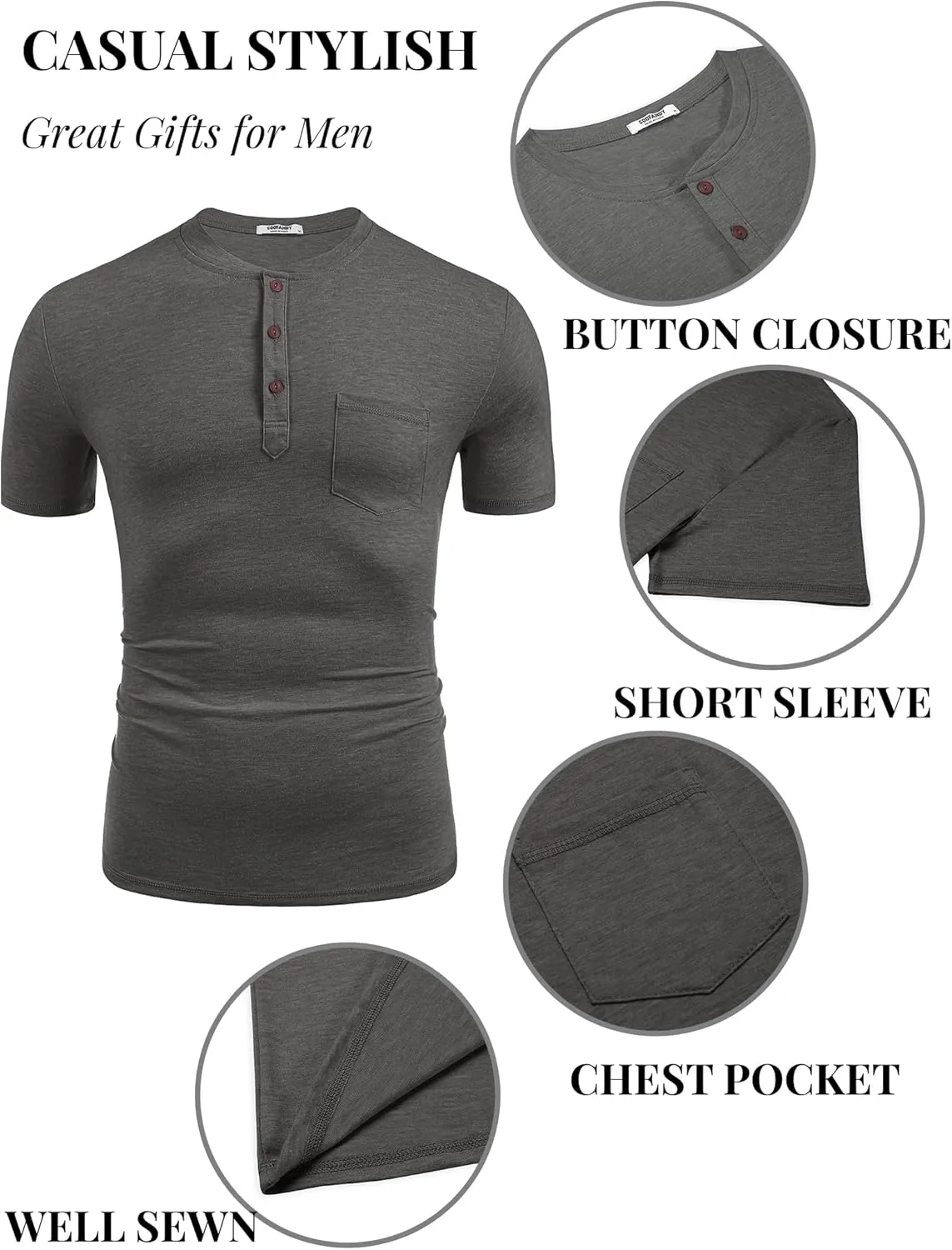 COOFANDY Men's Casual Henley Shirts Short Sleeve Pocket T-Shirts Lightweight Button Henley Pullover Basic Tees