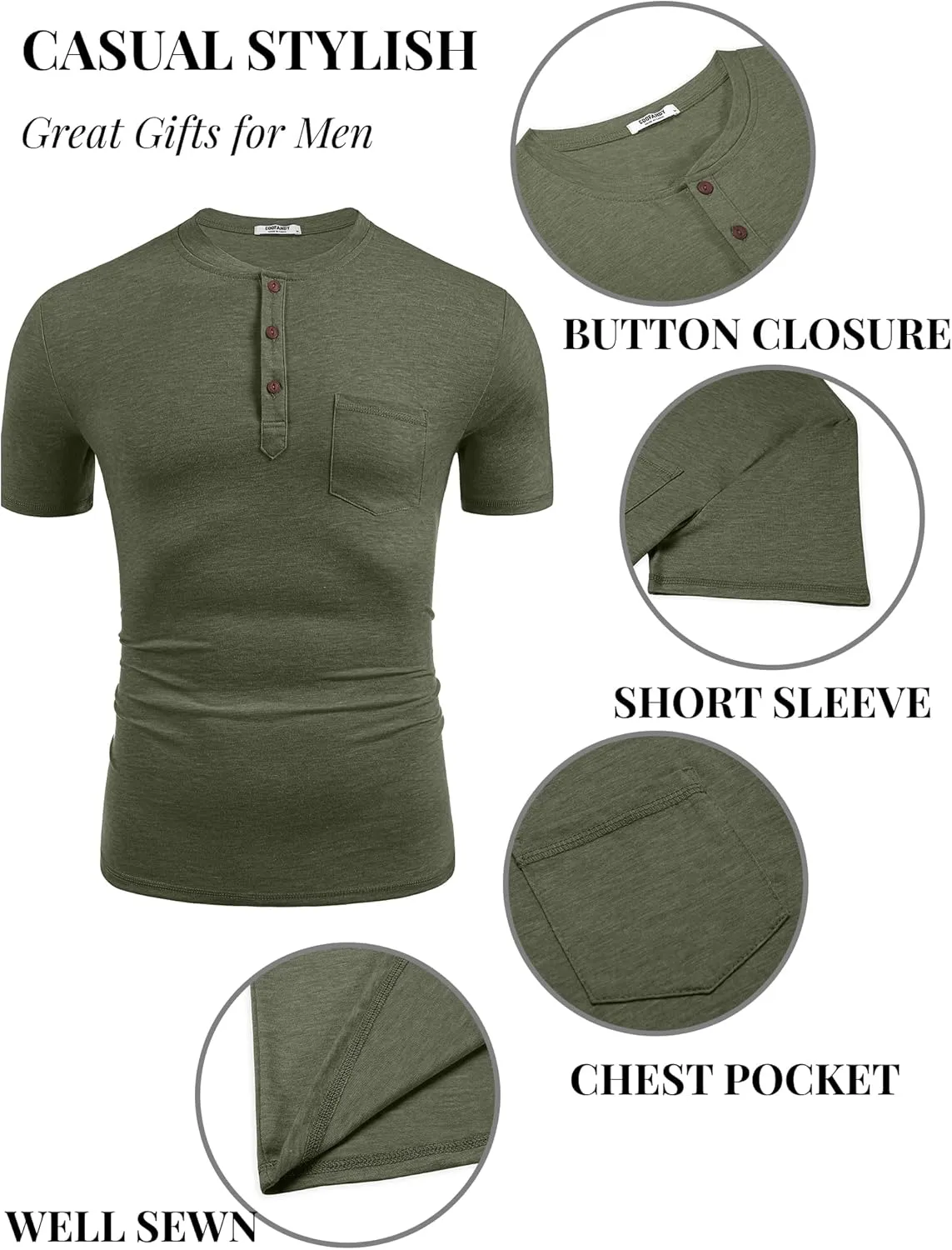 COOFANDY Men's Casual Henley Shirts Short Sleeve Pocket T-Shirts Lightweight Button Henley Pullover Basic Tees