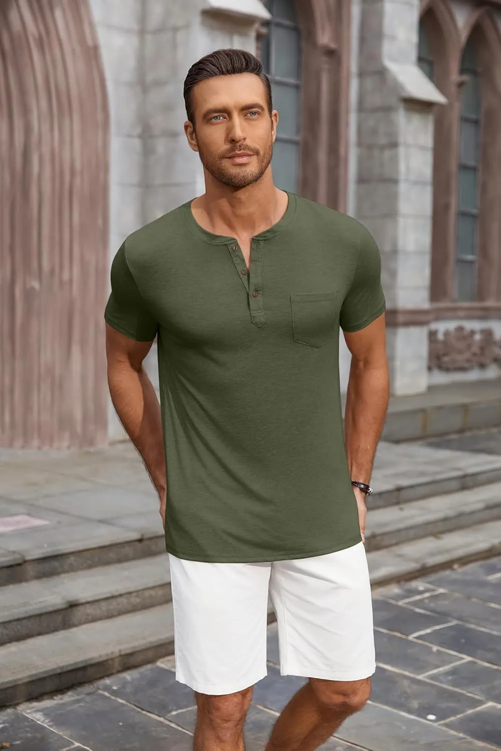 COOFANDY Men's Casual Henley Shirts Short Sleeve Pocket T-Shirts Lightweight Button Henley Pullover Basic Tees