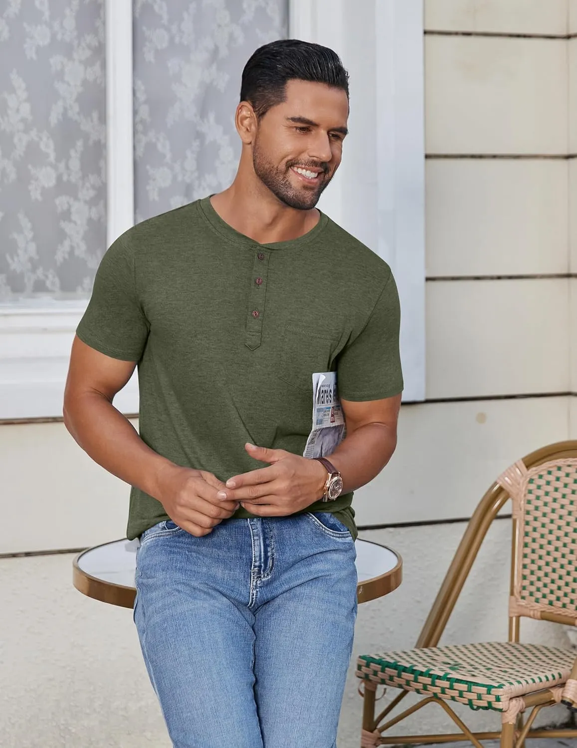 COOFANDY Men's Casual Henley Shirts Short Sleeve Pocket T-Shirts Lightweight Button Henley Pullover Basic Tees