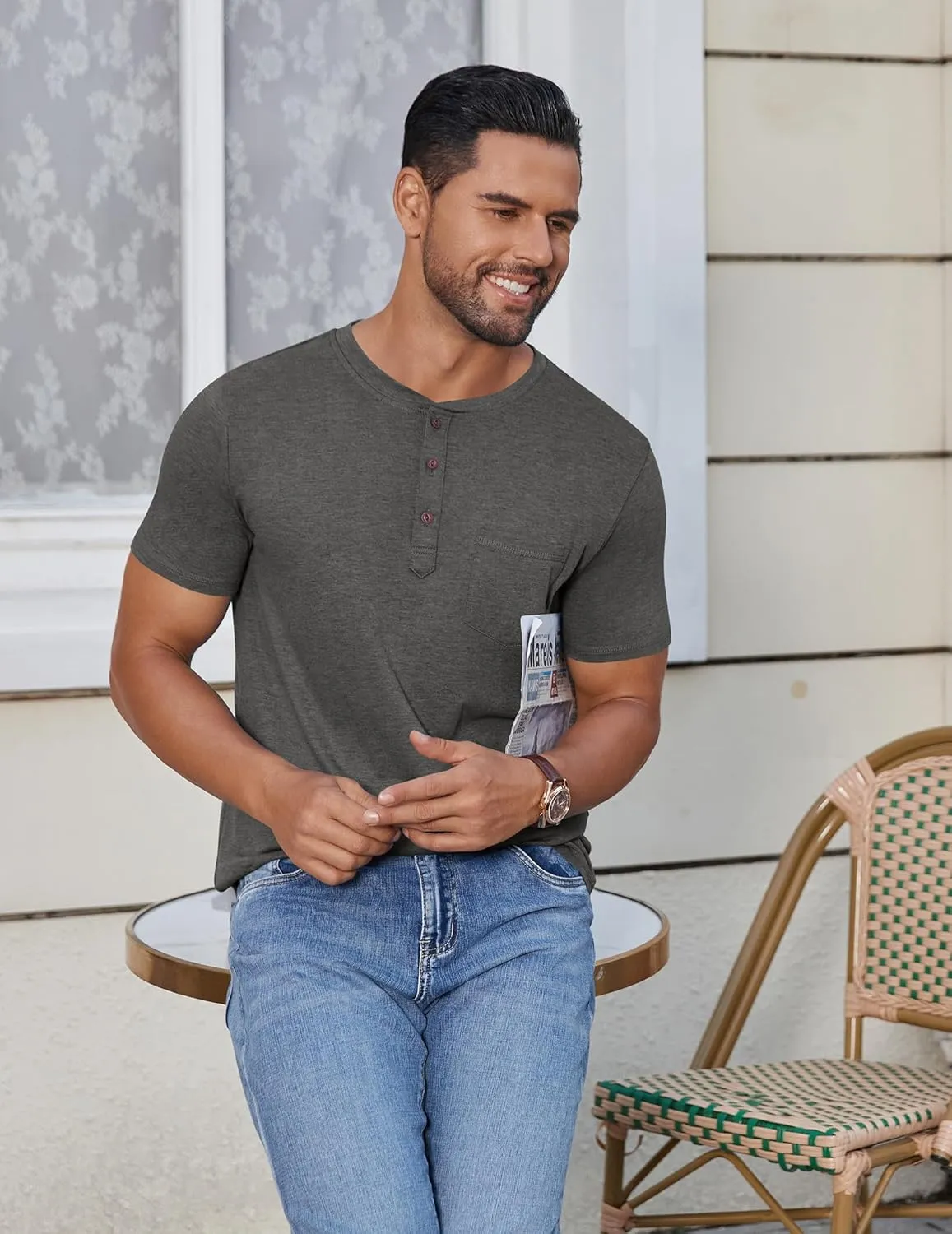COOFANDY Men's Casual Henley Shirts Short Sleeve Pocket T-Shirts Lightweight Button Henley Pullover Basic Tees