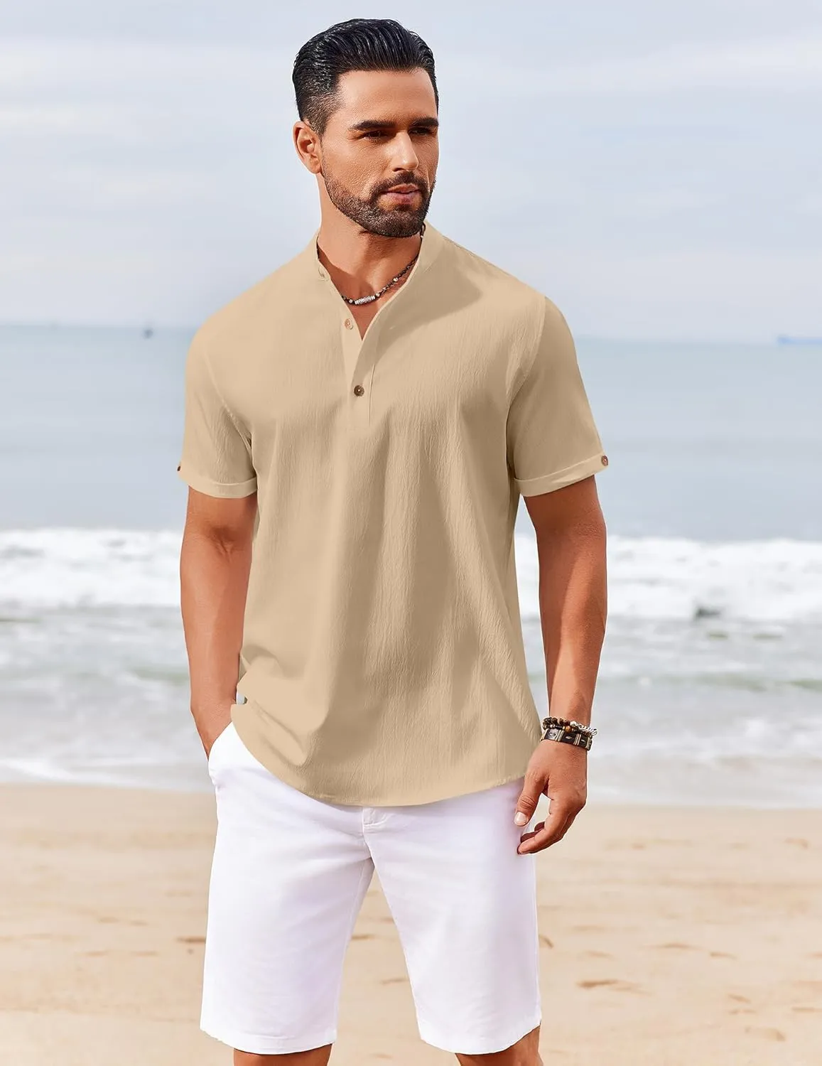 COOFANDY Men's Casual Henley Shirts Short Sleeve Summer Beach T-Shirts Banded Collar Henleys Button Tee Shirt
