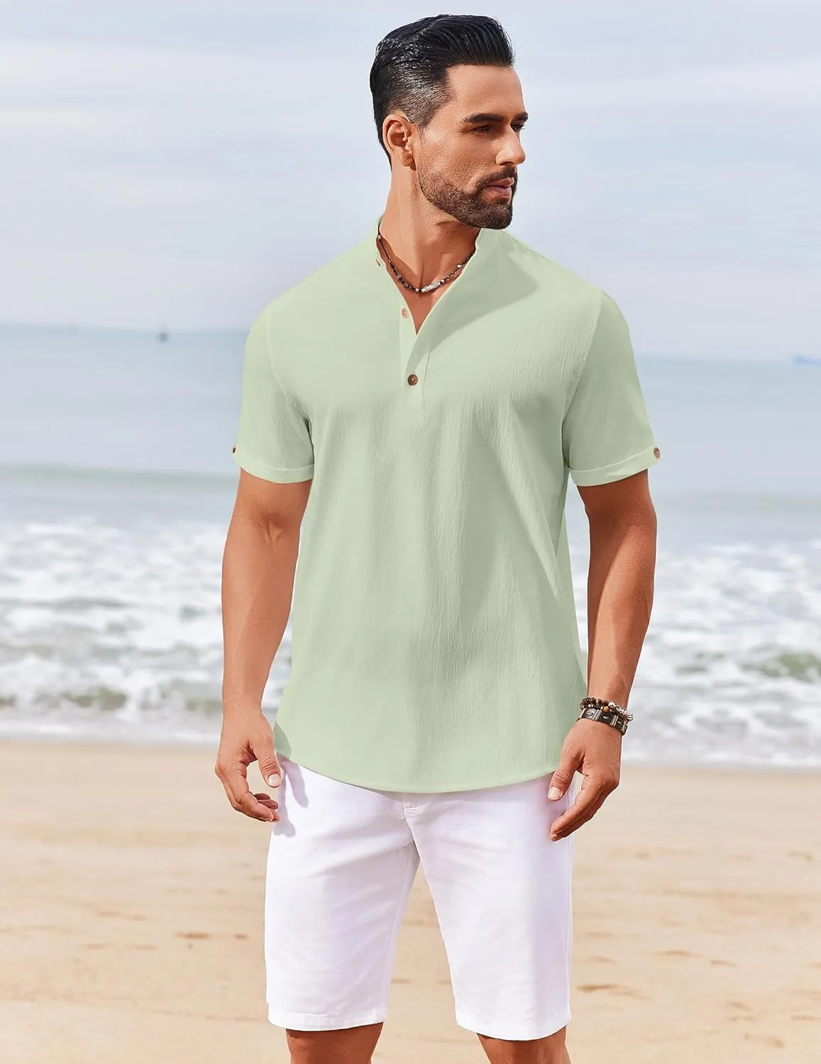 COOFANDY Men's Casual Henley Shirts Short Sleeve Summer Beach T-Shirts Banded Collar Henleys Button Tee Shirt