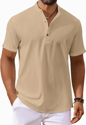COOFANDY Men's Casual Henley Shirts Short Sleeve Summer Beach T-Shirts Banded Collar Henleys Button Tee Shirt