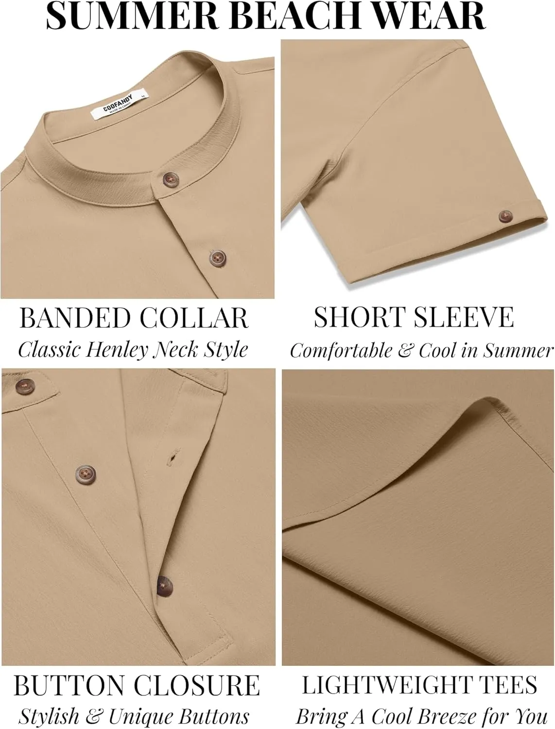 COOFANDY Men's Casual Henley Shirts Short Sleeve Summer Beach T-Shirts Banded Collar Henleys Button Tee Shirt