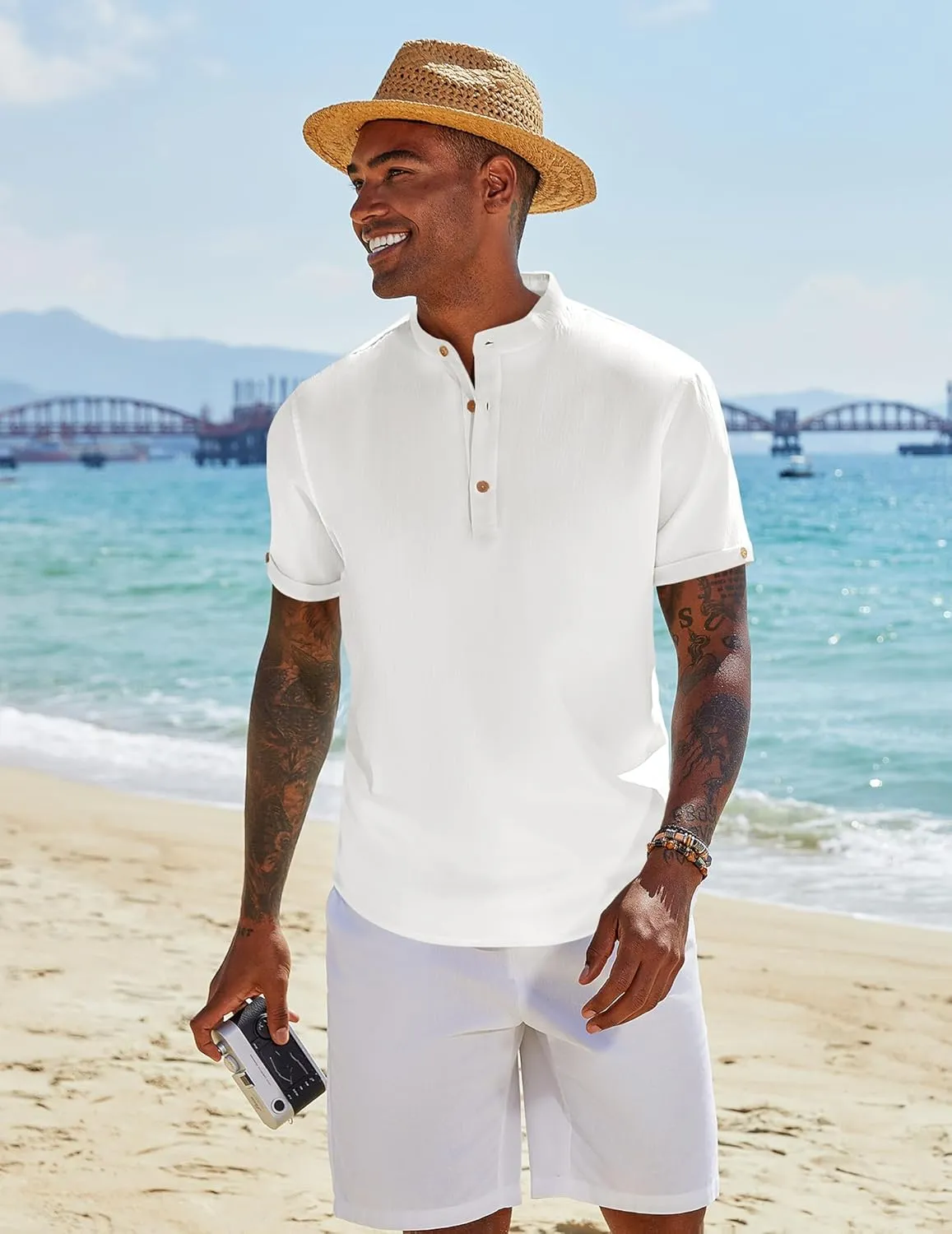 COOFANDY Men's Casual Henley Shirts Short Sleeve Summer Beach T-Shirts Banded Collar Henleys Button Tee Shirt