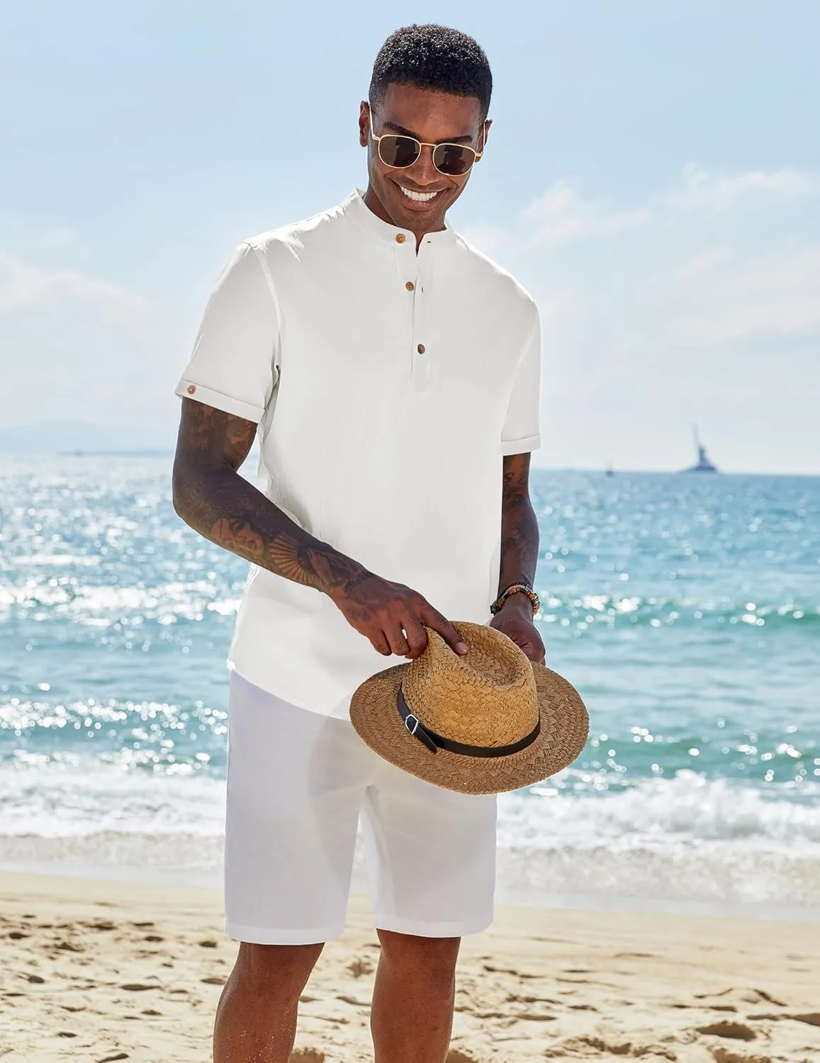 COOFANDY Men's Casual Henley Shirts Short Sleeve Summer Beach T-Shirts Banded Collar Henleys Button Tee Shirt