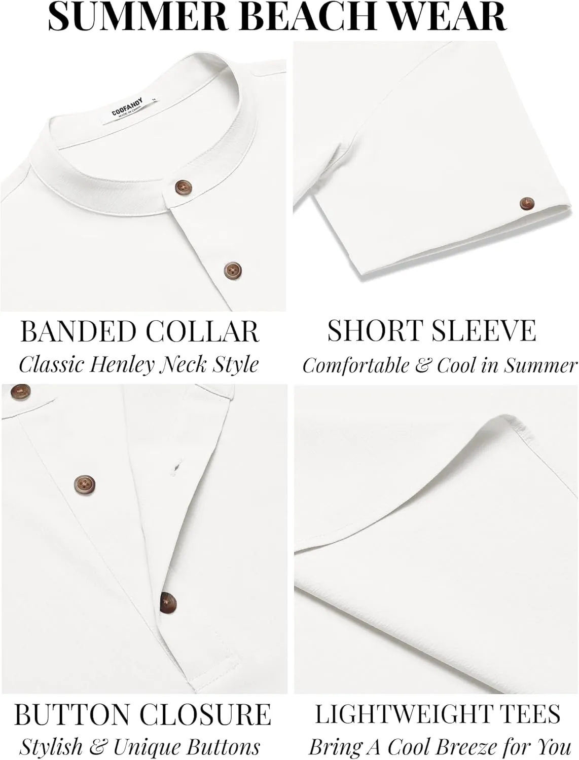 COOFANDY Men's Casual Henley Shirts Short Sleeve Summer Beach T-Shirts Banded Collar Henleys Button Tee Shirt