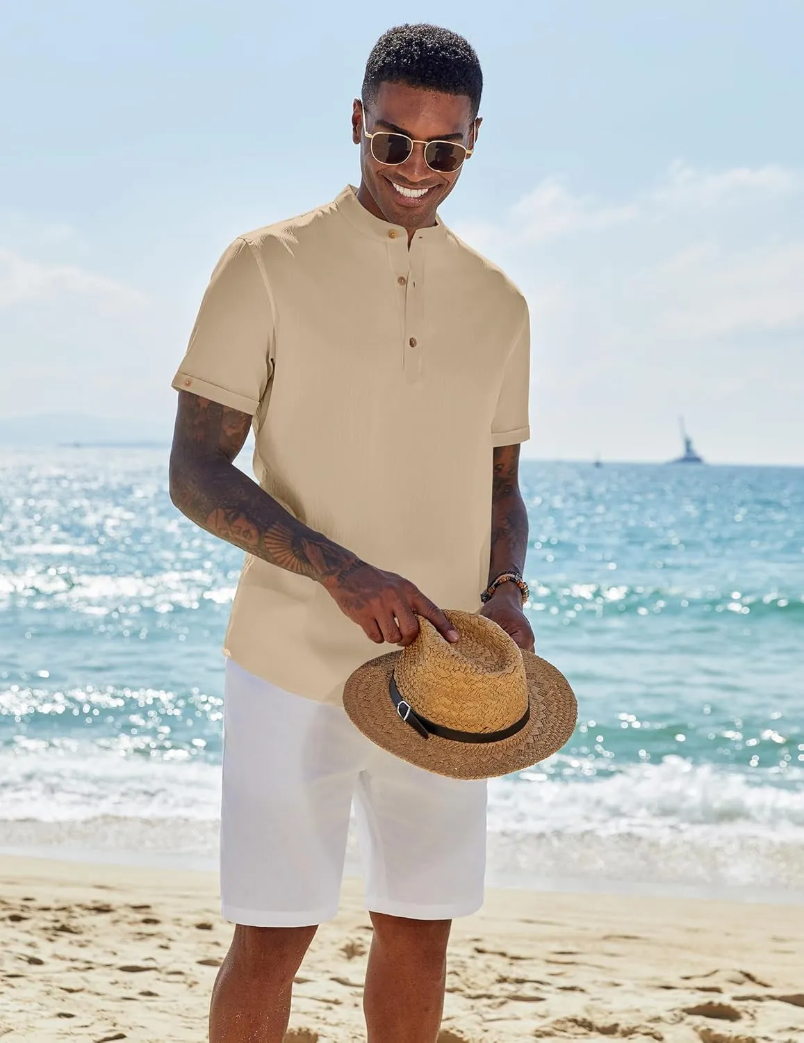 COOFANDY Men's Casual Henley Shirts Short Sleeve Summer Beach T-Shirts Banded Collar Henleys Button Tee Shirt